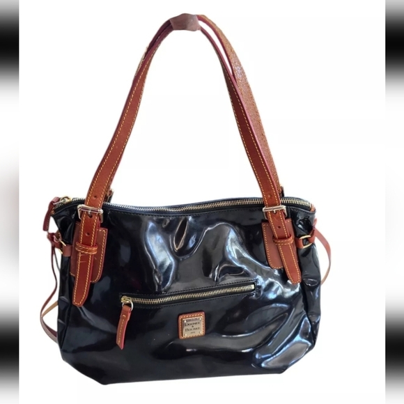 VTG Dooney & Bourke Satchel Handbag Patent Leather Black Nina Large Y2k - Picture 3 of 14